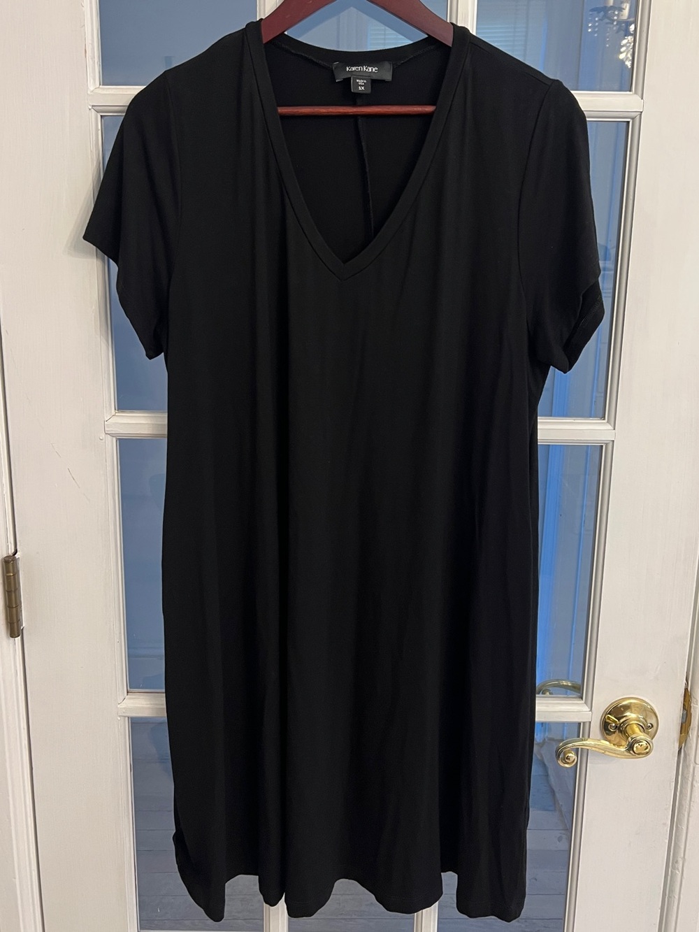 Karen Kane Women’s Black V Neck Short Sleeve Rayon Knit Shift Dress USA Size 1X